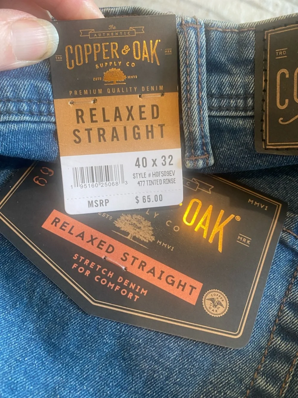 Copper & Oak Relaxed blue tinted rinse Straight Jeans 40 X 32 NEW WITH TAG